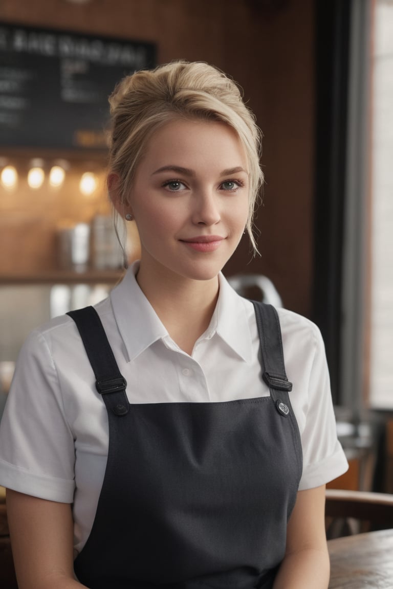 Photorealistic photography of Cafe environment, with a young 18 years old waitress, sw33ny, featuring blonde hair,  grey eyes, beautiful figure in a stylish uniform, wearing unique accessories, necklace, punk style ear piercing,
Standing with hands clasped in front, smiling gently.
Soft ambient lighting, enhancing the warm cafe atmosphere.
Warm, natural light streaming in through the windows.
8K resolution for ultra-high detail.
Hyperrealistic textures for maximum realism.
Photorealistic rendering for a lifelike appearance.
Ultra-sharp focus on key elements.
Cinematic color grading for a filmic look.
Dynamic range to capture the full spectrum of light.
High dynamic range (HDR) for balanced lighting.
Soft focus on background elements to create depth.
Fine detail enhancement for intricate textures.
Ultra-high contrast for dramatic effect.
Realistic depth of field for a natural look.
Vivid color saturation for a vibrant scene.
Sharp edge detailing on the character and cafe furniture.
Smooth gradient transitions for a polished look.
Subtle vignetting to focus attention on the character.
Enhanced clarity on all elements.
Realistic motion blur for any movement.
Perfectly balanced lighting for a natural feel.
Natural color tones for the cafe and character.
Crisp shadow definition for high detail.
Warm, inviting color palette for a serene atmosphere.
Enhanced texture blending for a seamless look.
Subtle noise reduction for a clean finish.
High definition reflections on the cafe tables and character’s uniform.
Sharp focus throughout for maximum detail.
Ultra-smooth gradients in the background.
High clarity in soft areas for balanced contrast.
Subtle glow effects to enhance the warm atmosphere.
Perfect exposure for natural light and shadows.
Detailed texture mapping for ultra-realism.
Enhanced light reflections on the cafe and character’s accessories.
Perfectly balanced contrast for visual appeal.
High resolution details for lifelike representation.
Soft shadow transitions for a natural look.
Enhanced light diffusion for realism.
Realistic atmospheric effects to add depth.
High color accuracy for true-to-life tones.
Subtle texture overlays for added detail.
High-definition light beams filtering through the cafe windows.
Perfectly aligned shadows for a cohesive look.
Enhanced light scattering through the cafe environment.
Crisp, detailed edges on all elements.
Subtle light flares for added realism.
Balanced color grading for a natural look.
Detailed environmental mapping for a realistic scene.
Ultra-fine detail on all surfaces.
Perfectly integrated elements for a seamless composition.
Cinematic realism for an immersive experience.
Vibrant yet natural color palette to enhance the mood.
High-quality render to capture every detail.
