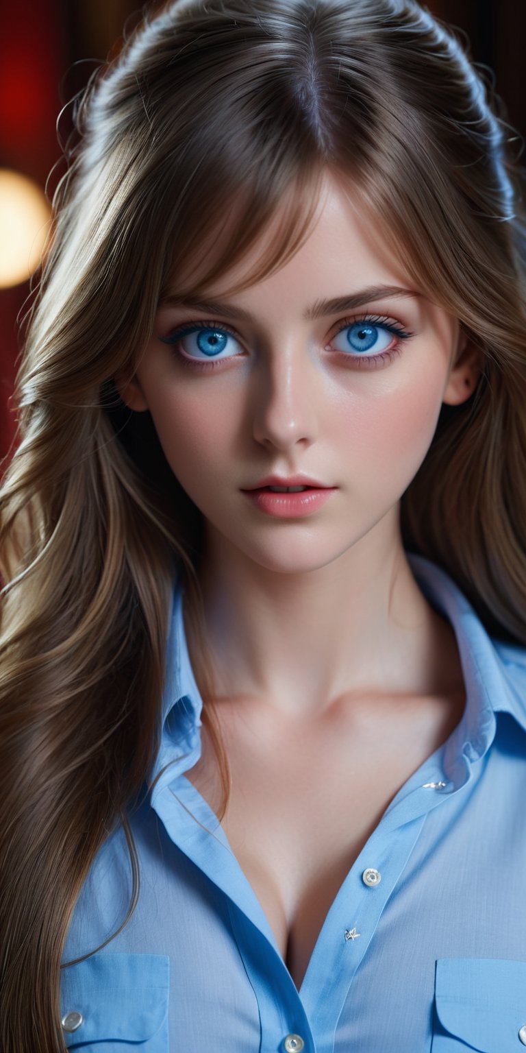 (((masterpiece))) (((best quality))) ((ultra-detailed)) (((blackmailed))) (((8K))) (((realistic))) (detailed light) ((an extremely delicate and beautiful)) (beautiful detailed blue eyes, detailed beautiful face, red cheeks:1.5) dramatic lighting 1girl (long straight hair:1.5) button shirt skirt looking at viewer large breasts indoor masterpiece focus expression upper body intricate secenary