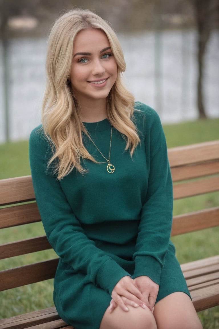 {{A captivating}} depiction of {a beautiful 20 year old girl with {blonde hair}, {emerald green eyes}} and {perfect features}} resting on a bench, {smiling happily} and {making the peace sign}}. This is a {modern}} inspired image that showcases {the subject's charm and style}}. The environment/background should be an {urban park} to create a {vibrant, contemporary atmosphere}. The image should be styled as a {fashion shoot}, incorporating elements of {street style photography}. The {panoramic} shot, captured with a {wide-angle} lens, will provide {a dynamic and expansive view}. The lighting should be {crisp and dynamic}, highlighting {the subject's features and attire} with strong contrasts. The desired level of detail is {striking} with {high definition} resolution, highlighting {the sharpness of the subject's attire and accessories}. The goal is to create {a visually stunning image} that captivates viewers with its {modern style and elegance}.