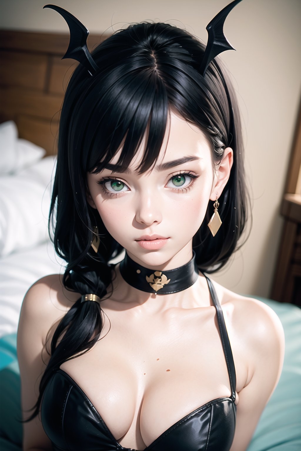 1 cute succubus girl with shiny black hair, two ponytails, green eyes, beautiful detailed face and eyes, stands in front of a bed, black wings, black high heels,, masterpiece, best quality, ultra-detailed, best shadow, detailed background, high contrast, photography, 35mm, Nikon D850 film stock photograph, Kodak Portra 400 camera f1.6 lens, 8k, UHD, retouched in the styles of pino daeni, Waterhouse, Greg Olsen, Carne Griffiths, Alex Ross, , Craig Mullins, Jon Burgerman ,Geof Darrow,, TzigoCuteSuccubus1,