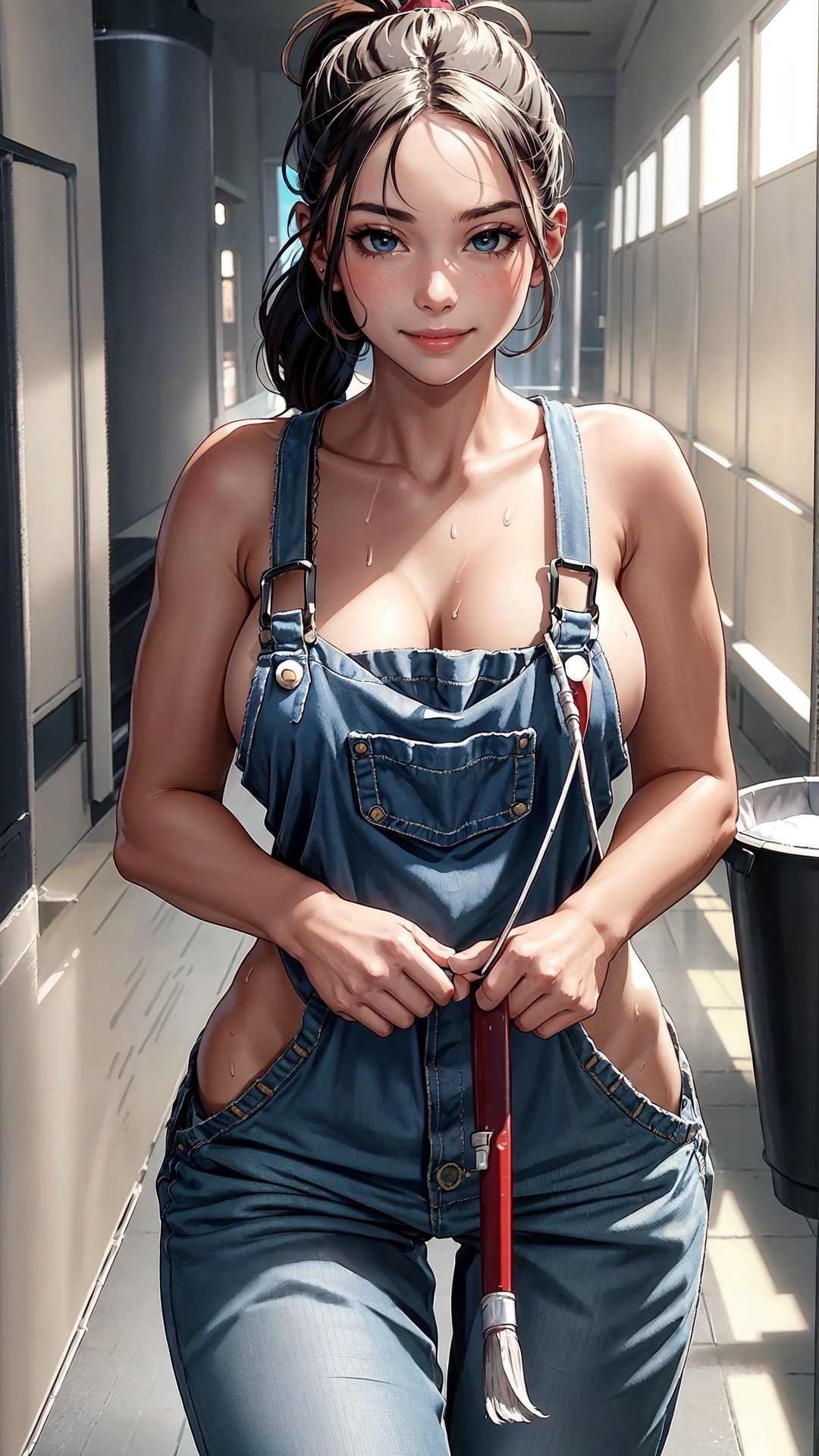 1girl, janitor, overalls, cap, in hallway, indoors, grey background, (mop), (mop bucket, mop maid), (holding mop), big breasts, boobs, sideboobs, wide hips, thick thighs, sweat, sweating, pant, long hair, ponytail, shy, insecure, blush, looking at viewer, UHD, ultra-detailed, intricate details, extreme details, best quality, best lighting, best shading, 1080p, 8k, lewd, best hands, perfect anatomy, perfect hands, (lewd art),