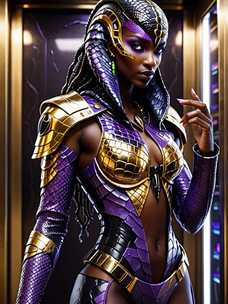 《masterpiece》, 《best quality》, 《ultra-detailed》, 1girl, cool, Glowing purple eyes, '((dark skin))', egyptian, egyptian style, exotic, black hair, '((Augmented cyborg))', fused with King Cobra, king cobra motif, poisonous, '((dripping black venom))', '((purple and gold metal exoskeleton))', '((snakeskin jacket with hood))', '((black snake scales))', '((Talking on a smartphone))', '(((Smartphone, selfie)))', '((upper body angle))', '(((elevator)))',
