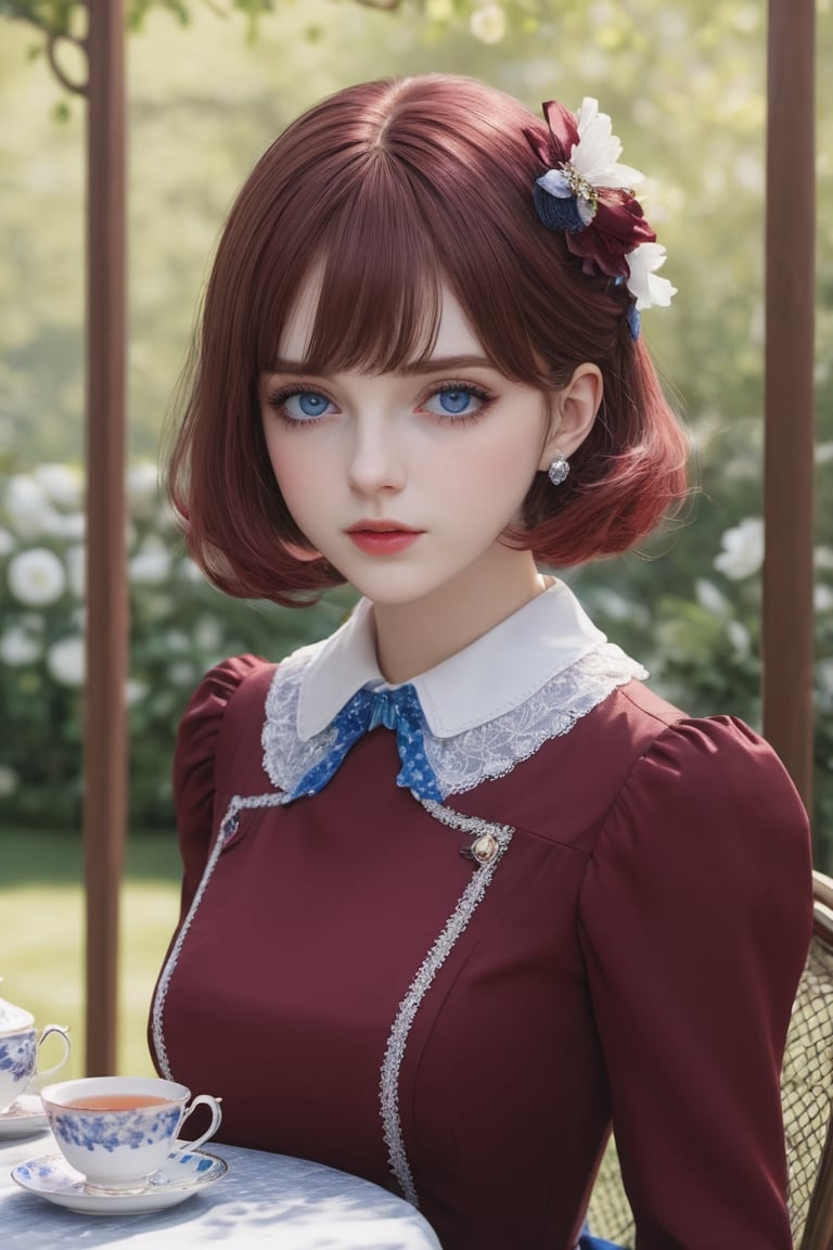 《Masterpiece》, 《best quality》, 《expressive eyes》, 《perfect face》, 《8k》, 《extreme detail》, 《illustration》, 《absurdres》, 《highres》, 《ultra detailed》, 《perfect face》, short hair, maroon hair, blue eyes, lolita dress, red dress, hair over one eye, sitting on chair, behind table, teacup, tea set, outdoors, garden, (worried), upper body, parted lips
