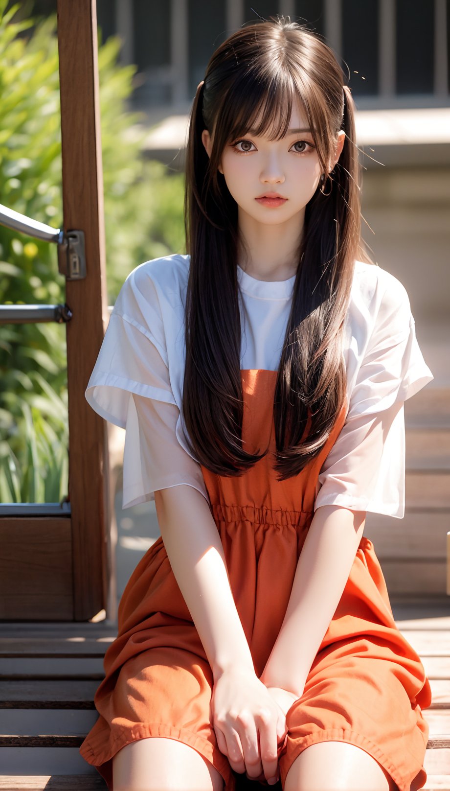 BREAK 1girl, solo,  mrndnkk, pink eyes, brown hair, twintails, very long hair, bangs, orange jumpsuit, prison clothes, prisoner, shackles, standing, outdoors, looking at viewer, pout, sitting