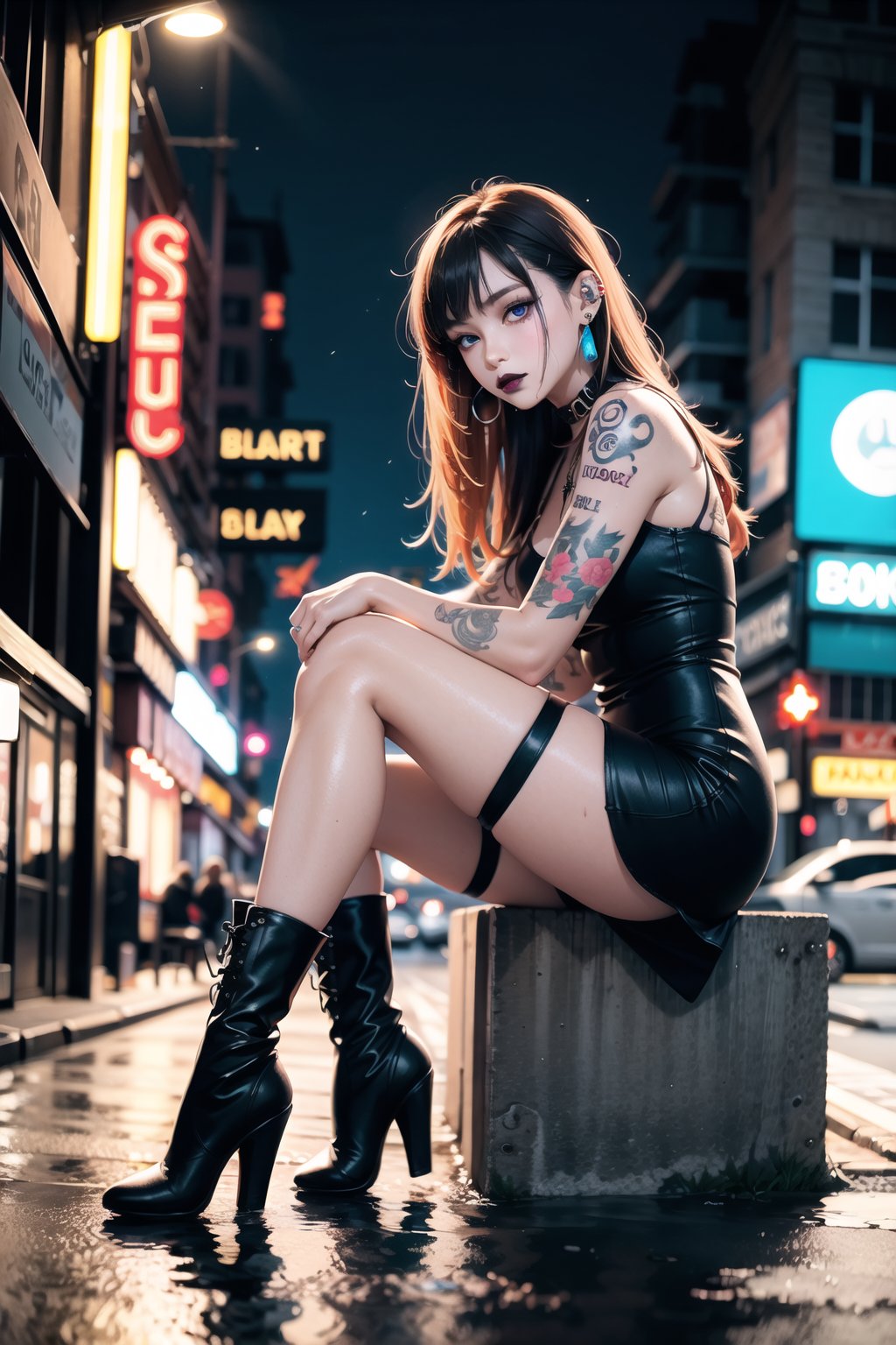 NEOST, 1girl, long orange hair, dark eyes, dark lipstick, tattoos on arm, piercings, black dress, fishnet stockings, black boots, sitting on wet road, cars in background, neon lights, blurry background, red and blue lighting, night, outdoor, detailed