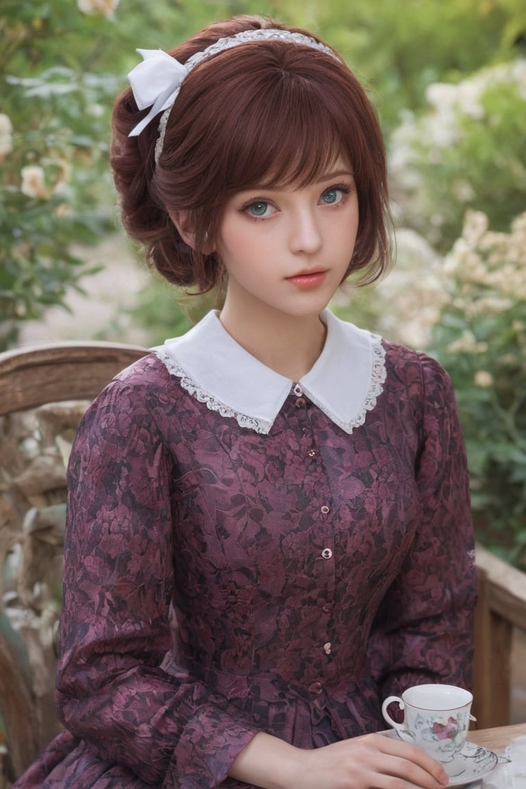 《Masterpiece》, 《best quality》, 《expressive eyes》, 《perfect face》, 《8k》, 《extreme detail》, 《illustration》, 《absurdres》, 《highres》, 《ultra detailed》, 《perfect face》, short hair, maroon hair, blue eyes, lolita dress, red dress, hair over one eye, sitting on chair, behind table, teacup, tea set, outdoors, garden, (worried), upper body, parted lips
