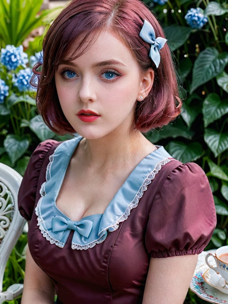 《Masterpiece》, 《best quality》, 《expressive eyes》, 《perfect face》, 《8k》, 《extreme detail》, 《illustration》, 《absurdres》, 《highres》, 《ultra detailed》, 《perfect face》, short hair, maroon hair, blue eyes, lolita dress, red dress, hair over one eye, sitting on chair, behind table, teacup, tea set, outdoors, garden, (worried), upper body, parted lips
