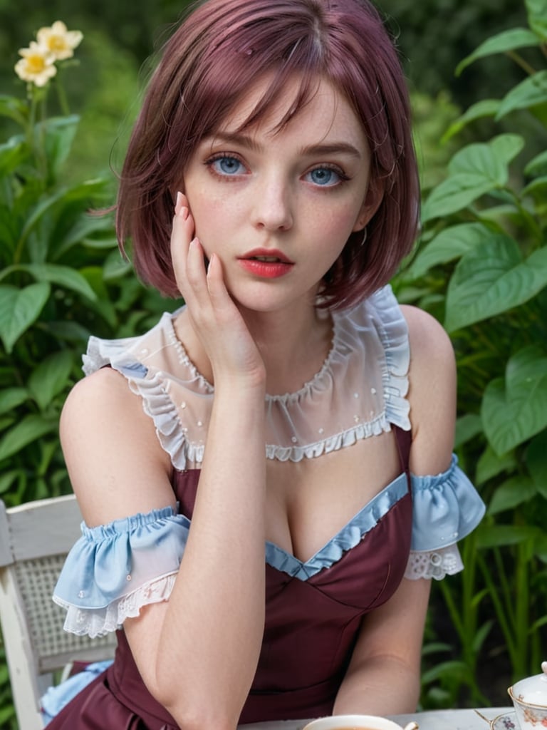 《Masterpiece》, 《best quality》, 《expressive eyes》, 《perfect face》, 《8k》, 《extreme detail》, 《illustration》, 《absurdres》, 《highres》, 《ultra detailed》, 《perfect face》, short hair, maroon hair, blue eyes, lolita dress, red dress, hair over one eye, sitting on chair, behind table, teacup, tea set, outdoors, garden, (worried), upper body, parted lips
