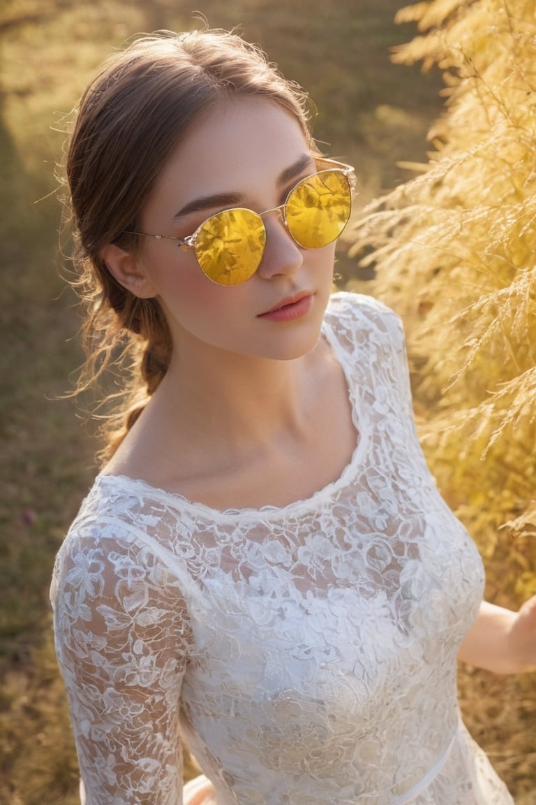 1girl,frameless sunglasses,iridescent light,sunny day,reflection on frameless glasses,(lens flare:1.3),yellow theme,looking at viewer,,white lace silver summer dress,glitters on dress,from above side,street with flower grass trees,(detailed:1.3) image,(intricate:1.2)(autumn :1.3),(masterpiece:1.2),(best quality:1.2),newest,intricate details,ai-generated,
