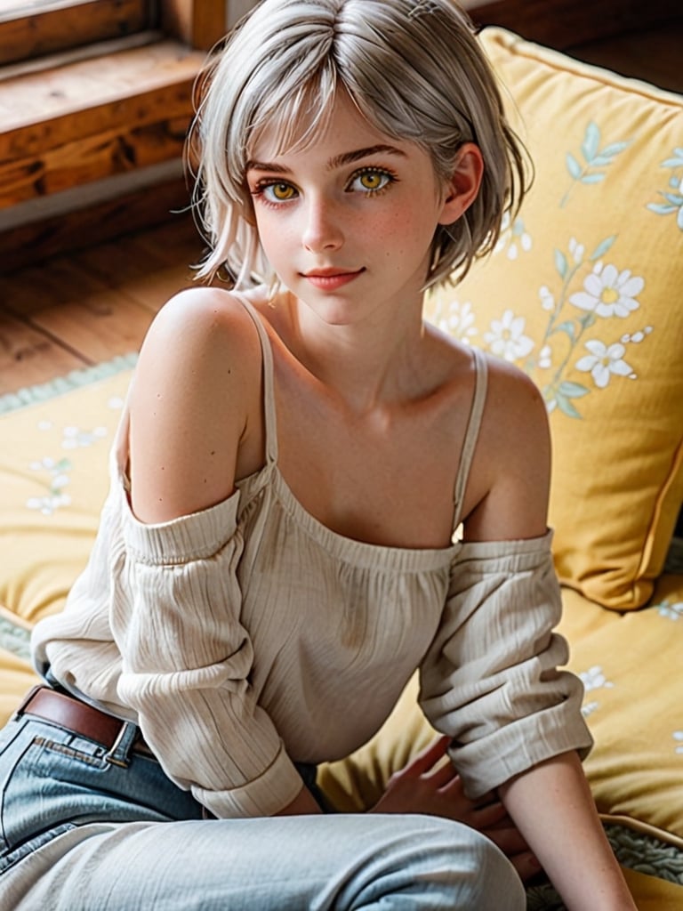 {{A tranquil}} depiction of {a beautiful girl} with {beautiful silver short hair} and {beautiful yellow eyes}, lying gracefully on a {futon} with {a serene smile} and {gentle blush}. She wears {a one-shoulder top, skinny jeans, and brown boots} in {a tatami room}. This is a {masterpiece}-inspired image that showcases {the serene beauty} of the girl. The environment/background should be {a tatami room} to create {a peaceful atmosphere}. The image should be in the style of {a hand-drawn illustration}, incorporating elements of {anime}. The close-up shot, captured with {a macro} lens, will provide {perfect anatomy} and {intricate details} of the girl's face and attire. The lighting should be {soft and natural}, emphasizing {the girl's tranquil expression}. The desired level of detail is {perfect}, highlighting {the flawless hands and proportions} of the girl. The goal is to create {a tranquil and captivating} image that captivates viewers with its {serene beauty}.