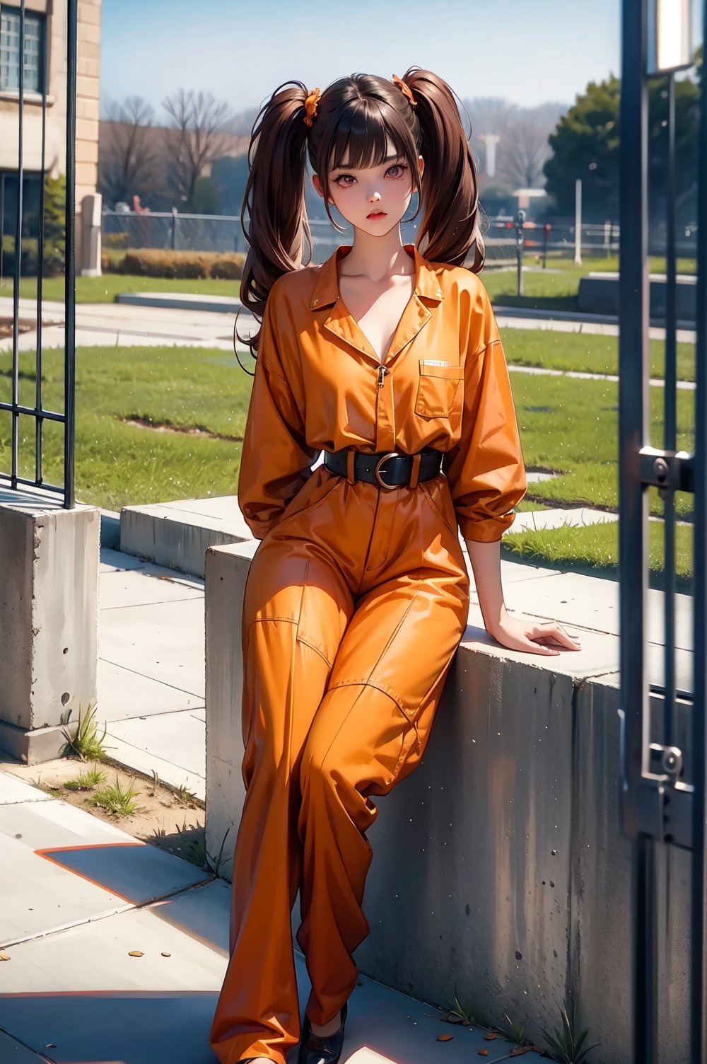 BREAK 1girl, solo,  mrndnkk, pink eyes, brown hair, twintails, very long hair, bangs, orange jumpsuit, prison clothes, prisoner, shackles, standing, outdoors, looking at viewer, pout, sitting