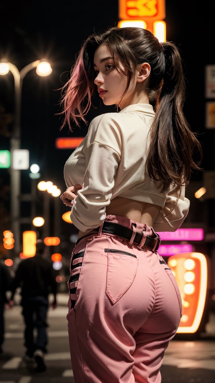 (masterpiece, best quality, 4k, detailed, intricate, realistic), outside, modern city street, night, neon lights, bokeh, depth of field, 1girl, big booty, pink IncursioDipDyedHair, black hair, ponytail, high-waist pants, looking at viewer, shirt,