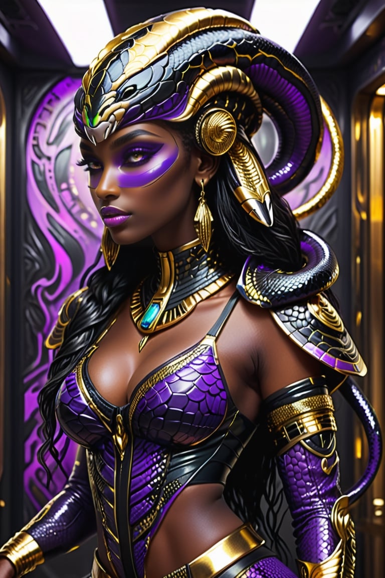 《masterpiece》, 《best quality》, 《ultra-detailed》, 1girl, cool, Glowing purple eyes, '((dark skin))', egyptian, egyptian style, exotic, black hair, '((Augmented cyborg))', fused with King Cobra, king cobra motif, poisonous, '((dripping black venom))', '((purple and gold metal exoskeleton))', '((snakeskin jacket with hood))', '((black snake scales))', '((Talking on a smartphone))', '(((Smartphone, selfie)))', '((upper body angle))', '(((elevator)))',