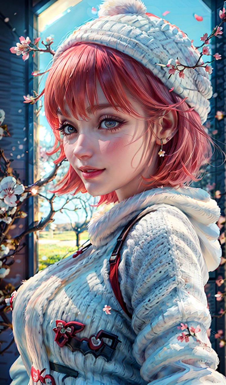 22 year old Girl, cute, solo, knit cap, profile, pink hair, short hair, smooth bangs, smile, snow out of season, cherry blossoms, admiring flowers, white breath, upper body close-up, out of focus background, cherry blossom trees, dim light, cloudy, sun Angle from inside and side,snow full,
