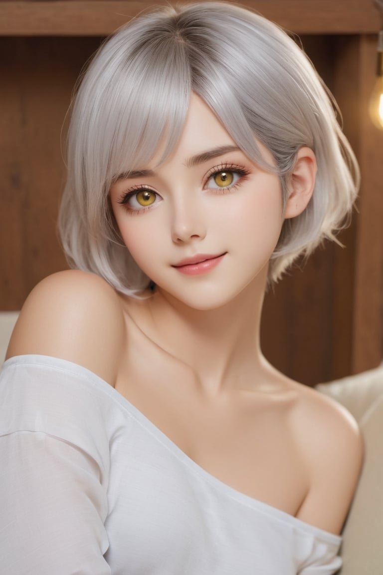 {{A tranquil}} depiction of {a beautiful girl} with {beautiful silver short hair} and {beautiful yellow eyes}, lying gracefully on a {futon} with {a serene smile} and {gentle blush}. She wears {a one-shoulder top, skinny jeans, and brown boots} in {a tatami room}. This is a {masterpiece}-inspired image that showcases {the serene beauty} of the girl. The environment/background should be {a tatami room} to create {a peaceful atmosphere}. The image should be in the style of {a hand-drawn illustration}, incorporating elements of {anime}. The close-up shot, captured with {a macro} lens, will provide {perfect anatomy} and {intricate details} of the girl's face and attire. The lighting should be {soft and natural}, emphasizing {the girl's tranquil expression}. The desired level of detail is {perfect}, highlighting {the flawless hands and proportions} of the girl. The goal is to create {a tranquil and captivating} image that captivates viewers with its {serene beauty}.