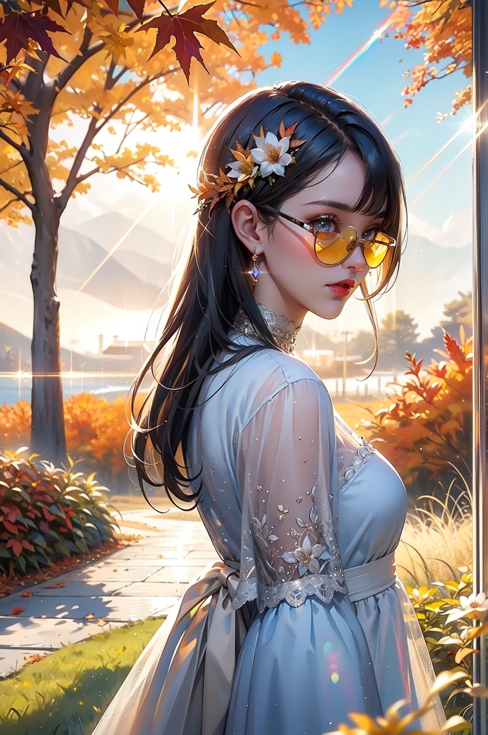 1girl,frameless sunglasses,iridescent light,sunny day,reflection on frameless glasses,(lens flare:1.3),yellow theme,looking at viewer,,white lace silver summer dress,glitters on dress,from above side,street with flower grass trees,(detailed:1.3) image,(intricate:1.2)(autumn :1.3),(masterpiece:1.2),(best quality:1.2),newest,intricate details,ai-generated,
