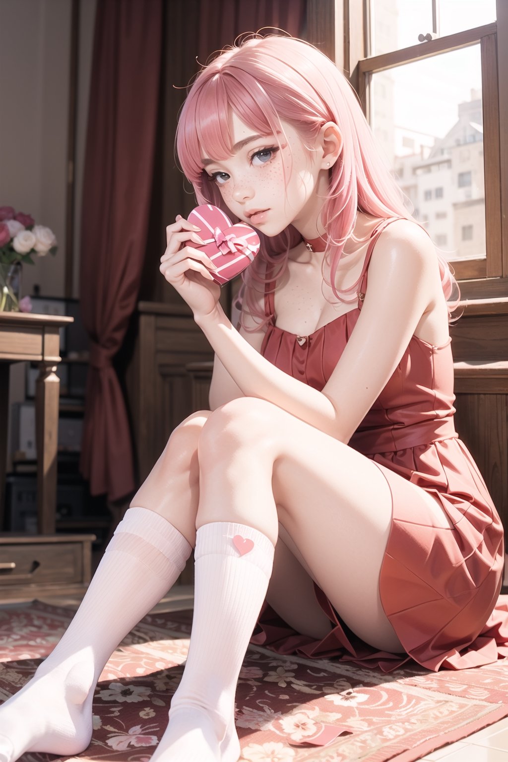 Valentine's Day theme, 1 girl, red dress, tight high, white socks, sending a kiss, hearts, flowers, pink hair, freckles, sharp focus, perfect hands, perfect light
