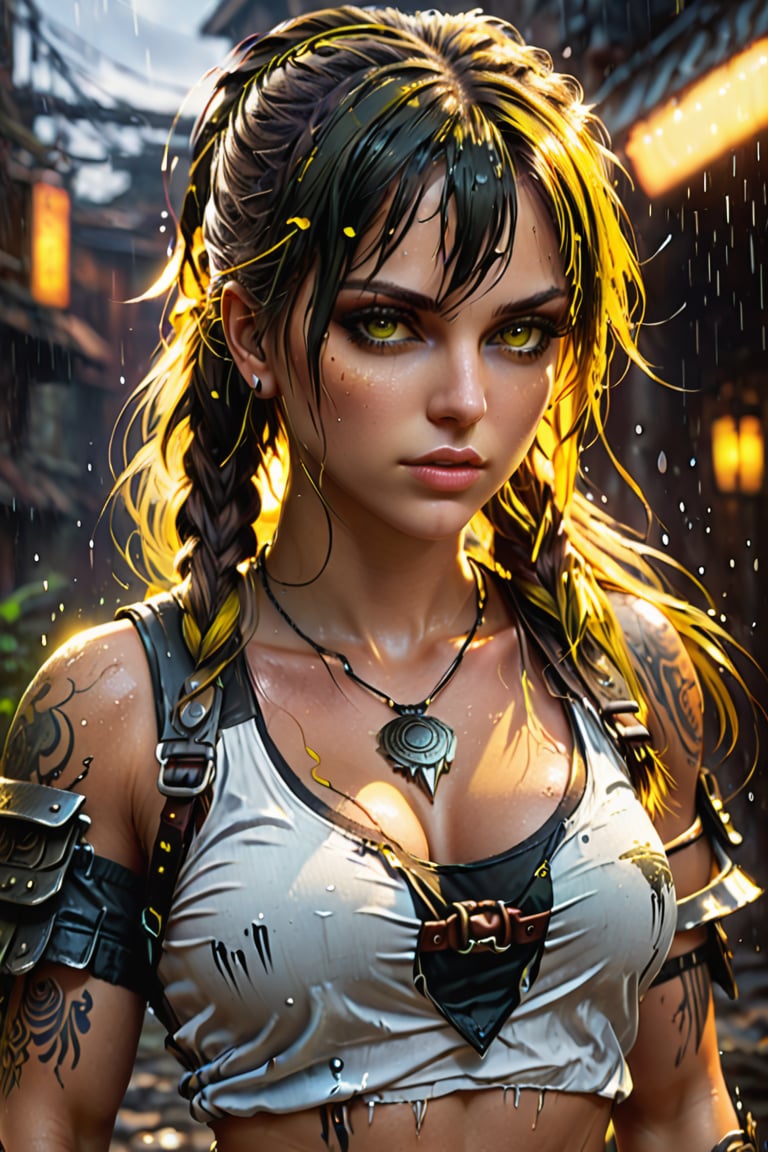 (realistic:2), (photorealistic:2),  volumetric lighting, raytracing, realistic reflection detail, backlighting,  hand on own chest, 
cinematic 3D render, Unreal Engine 5, extreme detail, female warrior in a dynamic pose, realistic skin texture, detailed clothing, vibrant and glowing background, exaggerated particles, rich color palette, high-contrast lighting, realistic shadows, immersive scene
beige hair, yellow eyes,  low twintails, dirty tank top slightly torn,    belt, cargo pants, large breasts, long bangs, hair over one eye,  amulet, arm tattoo, sweat, wet face, rain, wet hair, wet shirt, dirty face,