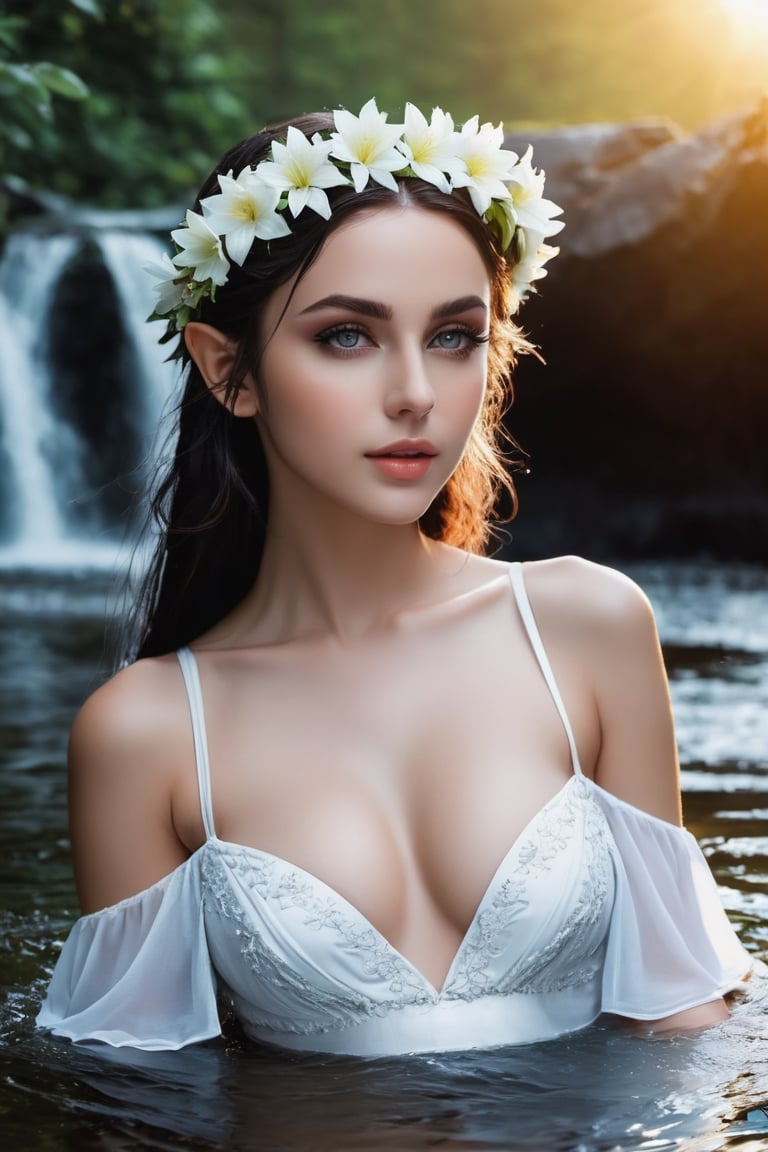 (Best quality, 8k, 32K, Masterpiece, UHD:1.3),Image of a glamorous elf girl, 1girl, ((medium breasts :1.5)), (Abs, Slim figure, perfect body:1.2), Medium long hair: 1.1, black hair, black eyes, flower crown on head, (White erotic dress: 1.1), (outdoor, sunset: 1. 5), on the girl falls a natural waterfall bathing all wet sensually, provocative look, sensual pose, ultra detailed face, detailed lips, detailed eyes, double eyelids, natural scenery, nature, lots of flowers, lots of living nature, photography, high details, good lighting.