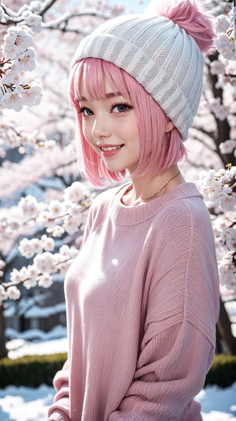 22 year old Girl, cute, solo, knit cap, profile, pink hair, short hair, smooth bangs, smile, snow out of season, cherry blossoms, admiring flowers, white breath, upper body close-up, out of focus background, cherry blossom trees, dim light, cloudy, sun Angle from inside and side,snow full,
