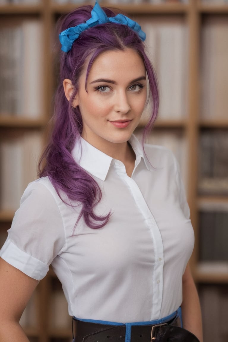 A close-up shot of a stunning young woman with vibrant purple hair styled in a ponytail and frilled hair band, her piercing blue eyes half-opened as she gazes directly at the viewer. She stands confidently inside a cozy library setting, wearing a crisp white button-down shirt with short sleeves, paired with high-waisted blue shorts and a black belt. Her curves are accentuated by brown pantyhose, showcasing her impressive figure. A warm smile plays on her lips as she poses, radiating confidence and charm.