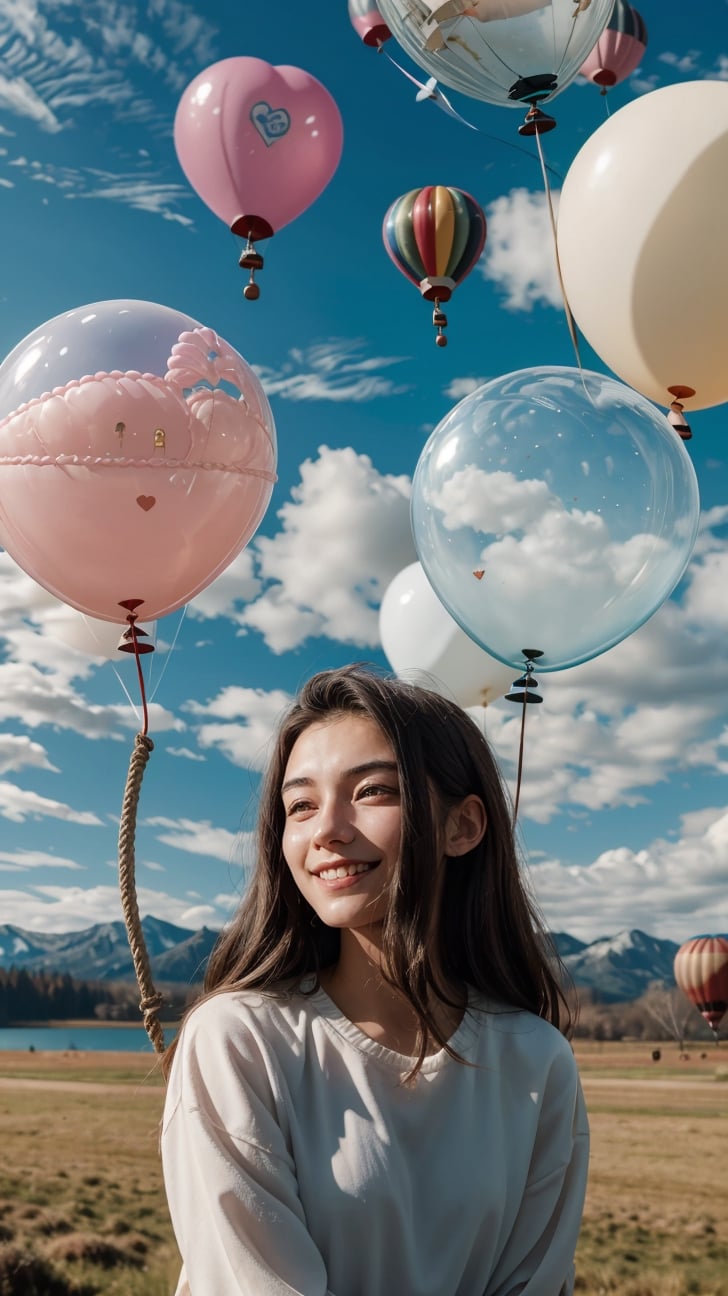 A 20-year-old woman looking in the direction of an unknown object (a familiar face) Angel, angel wings, balloons, heart balloons, wind, rope, earth landscape, medieval castle, lake, mountains, clouds, clear sky, colorful balloons (balloons: 1.5) Blue and white tones, smiles, epic, Celestia, fantasy world, beautiful world.