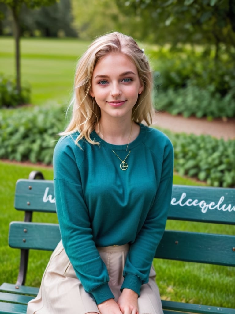 {{A captivating}} depiction of {a beautiful 20 year old girl with {blonde hair}, {emerald green eyes}} and {perfect features}} resting on a bench, {smiling happily} and {making the peace sign}}. This is a {modern}} inspired image that showcases {the subject's charm and style}}. The environment/background should be an {urban park} to create a {vibrant, contemporary atmosphere}. The image should be styled as a {fashion shoot}, incorporating elements of {street style photography}. The {panoramic} shot, captured with a {wide-angle} lens, will provide {a dynamic and expansive view}. The lighting should be {crisp and dynamic}, highlighting {the subject's features and attire} with strong contrasts. The desired level of detail is {striking} with {high definition} resolution, highlighting {the sharpness of the subject's attire and accessories}. The goal is to create {a visually stunning image} that captivates viewers with its {modern style and elegance}.