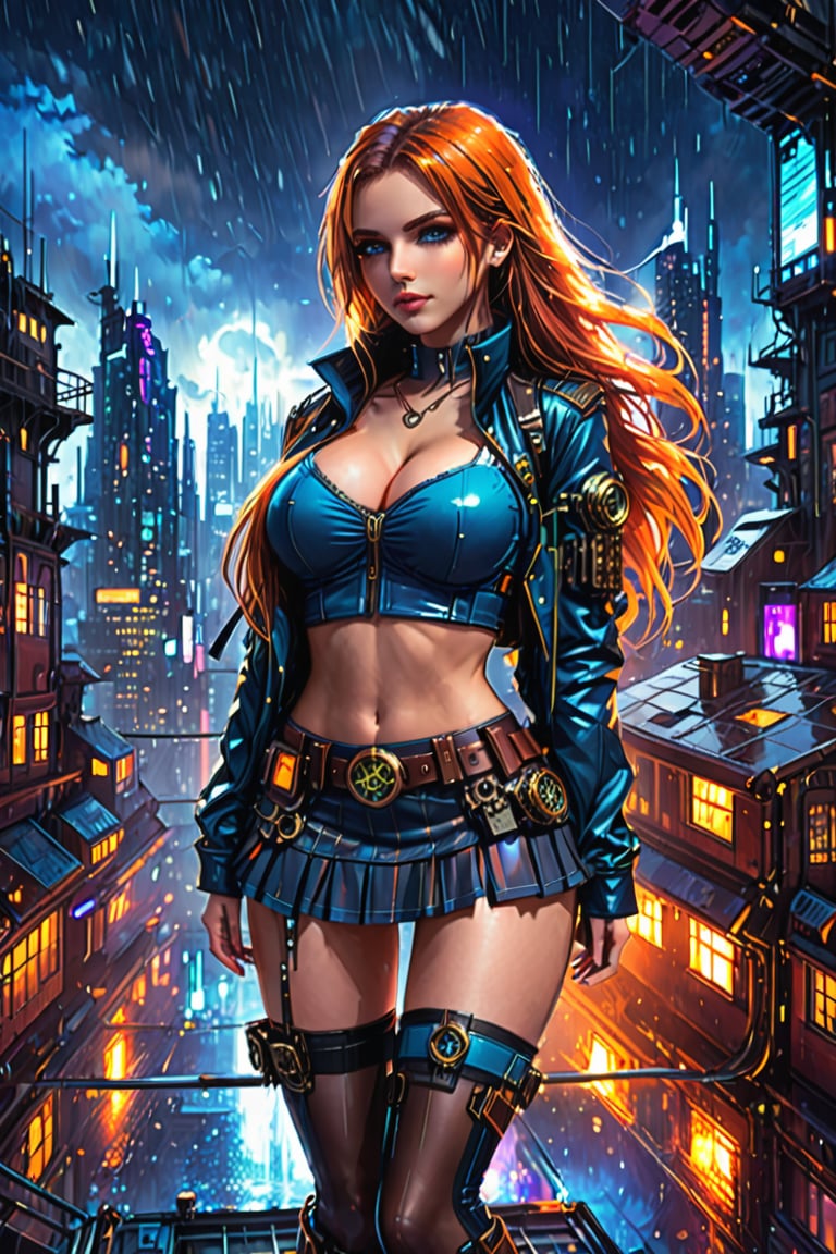 1girl, solo, colorful, vivid colors, perfect female form, cute face, large breasts, long hair, fit body, abs, thigh gap, long legs, looking at viewer, school uniform, microskirt, plaid skirt, fishnets, A woman is standing in a roof, overlooking a cyberpunk city and steampunk in the dark and rain, against the backdrop of the cyberpunk city skyline and the night sky, cyberpunk steampunk, perfect quality, high quality, photorealistic, dynamic pose BREAK orange and blue hue, (abstract:0.2), at night, water particles,   knva,    concept art,    expressiveh   