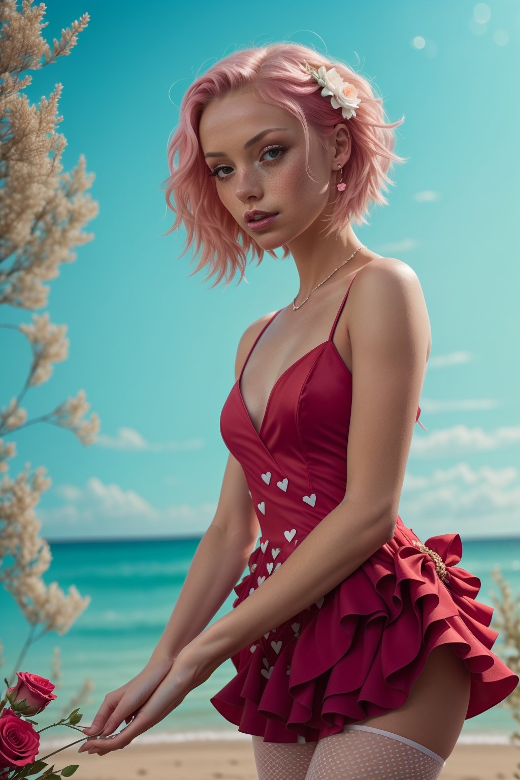 Valentine's Day theme, 1 girl, red dress, tight high, white socks, sending a kiss, hearts, flowers, pink hair, freckles, sharp focus, perfect hands, perfect light
