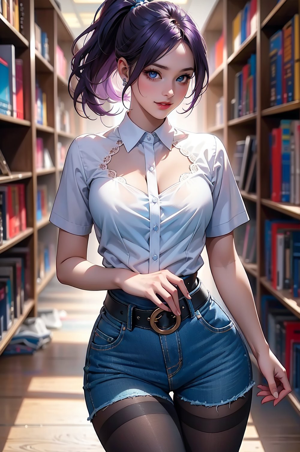 A close-up shot of a stunning young woman with vibrant purple hair styled in a ponytail and frilled hair band, her piercing blue eyes half-opened as she gazes directly at the viewer. She stands confidently inside a cozy library setting, wearing a crisp white button-down shirt with short sleeves, paired with high-waisted blue shorts and a black belt. Her curves are accentuated by brown pantyhose, showcasing her impressive figure. A warm smile plays on her lips as she poses, radiating confidence and charm.