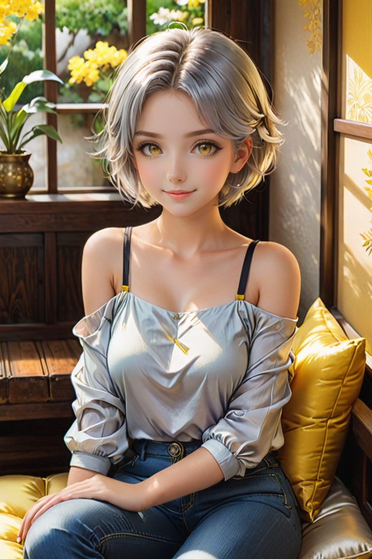 {{A tranquil}} depiction of {a beautiful girl} with {beautiful silver short hair} and {beautiful yellow eyes}, lying gracefully on a {futon} with {a serene smile} and {gentle blush}. She wears {a one-shoulder top, skinny jeans, and brown boots} in {a tatami room}. This is a {masterpiece}-inspired image that showcases {the serene beauty} of the girl. The environment/background should be {a tatami room} to create {a peaceful atmosphere}. The image should be in the style of {a hand-drawn illustration}, incorporating elements of {anime}. The close-up shot, captured with {a macro} lens, will provide {perfect anatomy} and {intricate details} of the girl's face and attire. The lighting should be {soft and natural}, emphasizing {the girl's tranquil expression}. The desired level of detail is {perfect}, highlighting {the flawless hands and proportions} of the girl. The goal is to create {a tranquil and captivating} image that captivates viewers with its {serene beauty}.