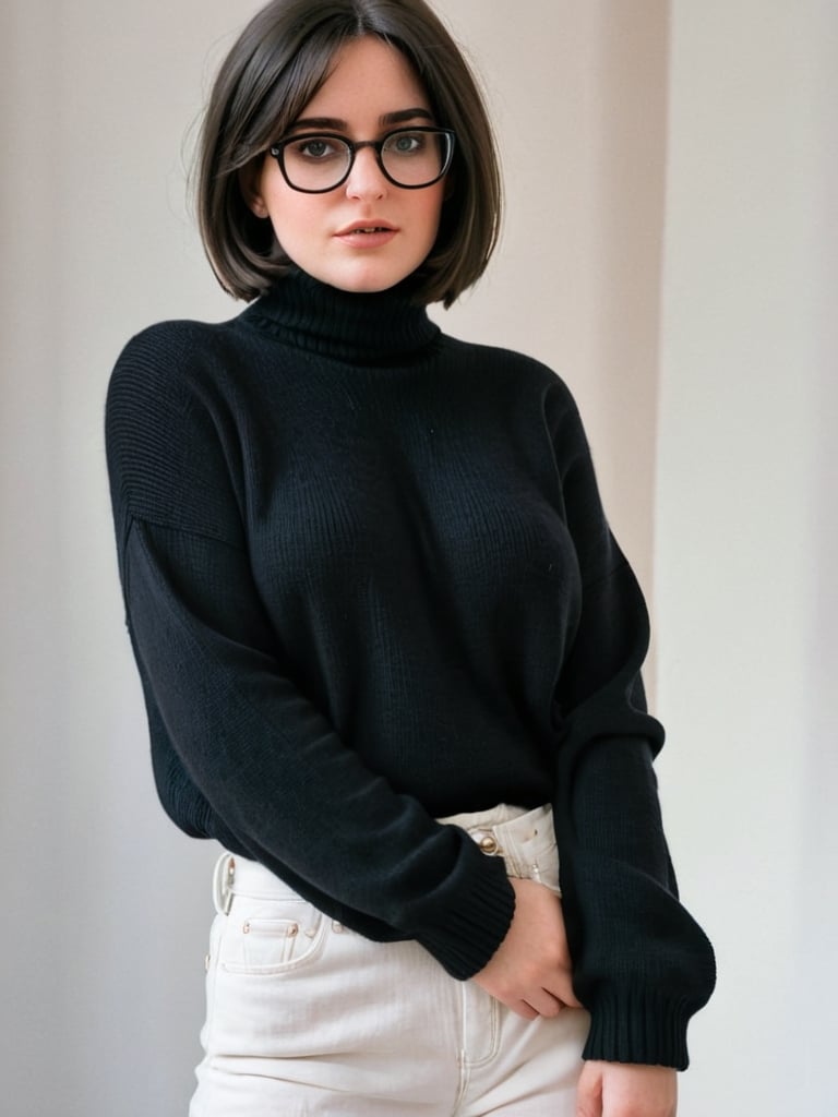 !
{{A shy and charming}} depiction of {a solo girl} with {a bob cut} framing her face, showcasing {her black hair} and {black eyes} behind {glasses}. She possesses {huge breasts}, giving her a striking silhouette. Her attire includes {a black turtleneck sweater} paired with {white denim pants}, adding a touch of contrast to her ensemble. The girl's cheeks are tinged with {blush}, indicating her {embarrassed} demeanor. The scene is set in {a room}, with the perspective captured {from below}, adding depth to the composition. This image, inspired by the theme of r1ge, focuses on conveying a sense of {shyness} and {vulnerability}.