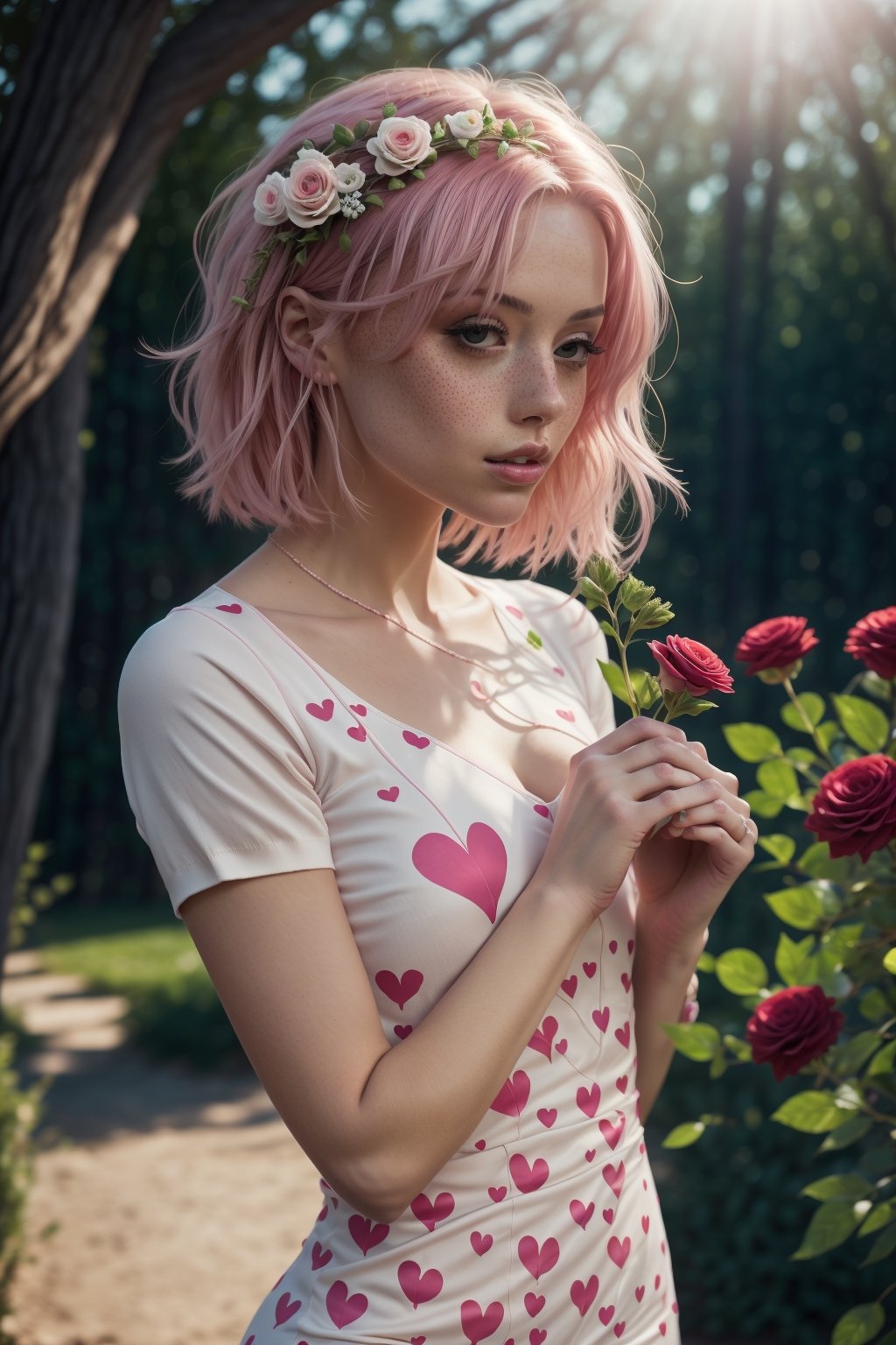 Valentine's Day theme, 1 girl, red dress, tight high, white socks, sending a kiss, hearts, flowers, pink hair, freckles, sharp focus, perfect hands, perfect light
