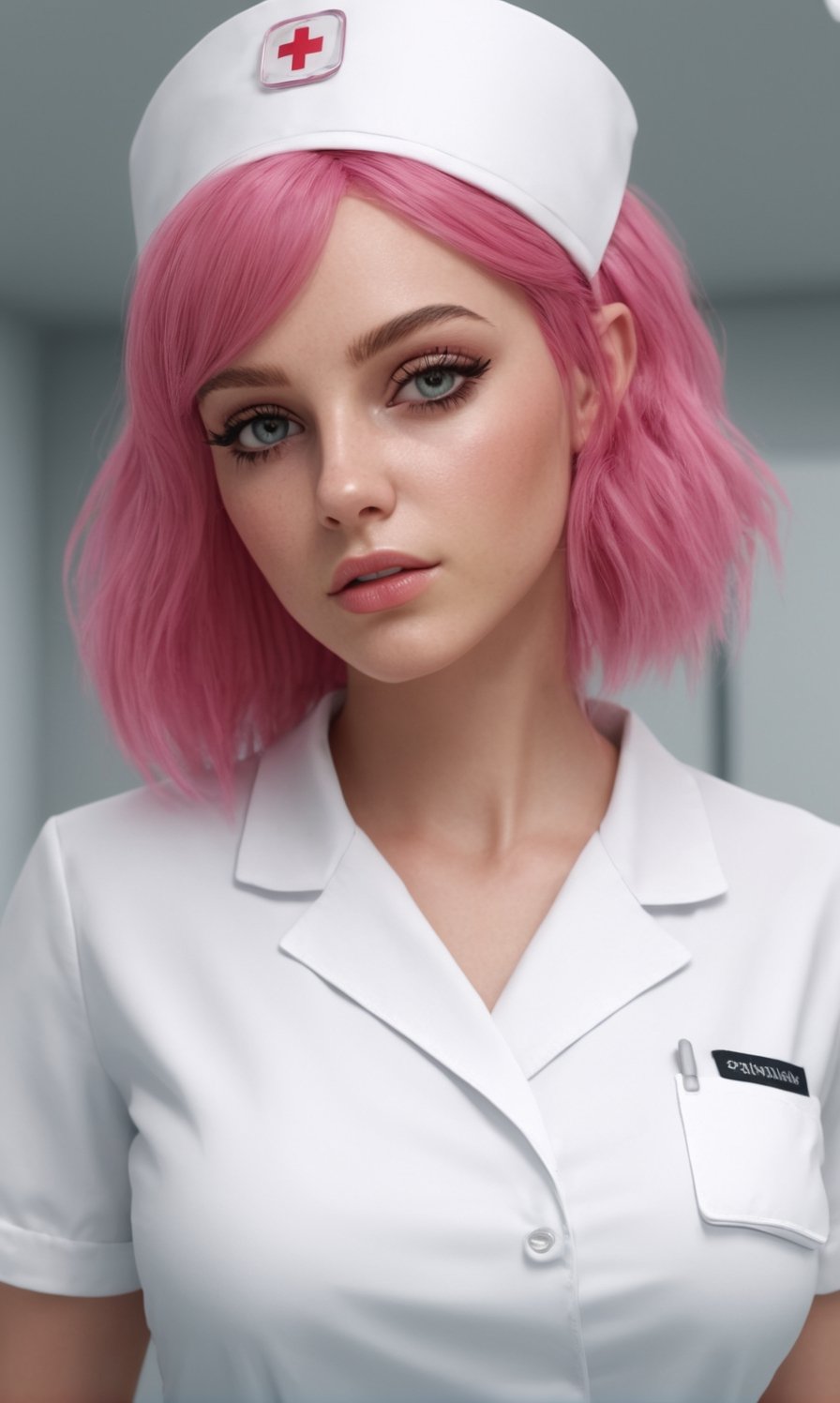 masterpiece, best quality, high resolution, 8k, photorealistic, 22 year old beautiful young woman in a sexy nurse outfit posing for the camera, 1girl, solo, intense black eyes, waist-length pink hair, nurse, huge breasts, intense cleavage, nurse's cap, latin skin woman, argentine descent, hat, full body shot ((priority: 1. 5)), glamorous figure, hyper cute face, glossy lips, sweaty body, double eyelids on both eyes, natural makeup, long eyelashes, pink_hair/black_eyes, asymmetrical bangs, hospital room background, 8K resolution, high level of detail, detailed hairstyle, detailed face, spectacular cinematic lighting, octane rendering, vibrant, hyper realistic.,Movie Still,photo r3al