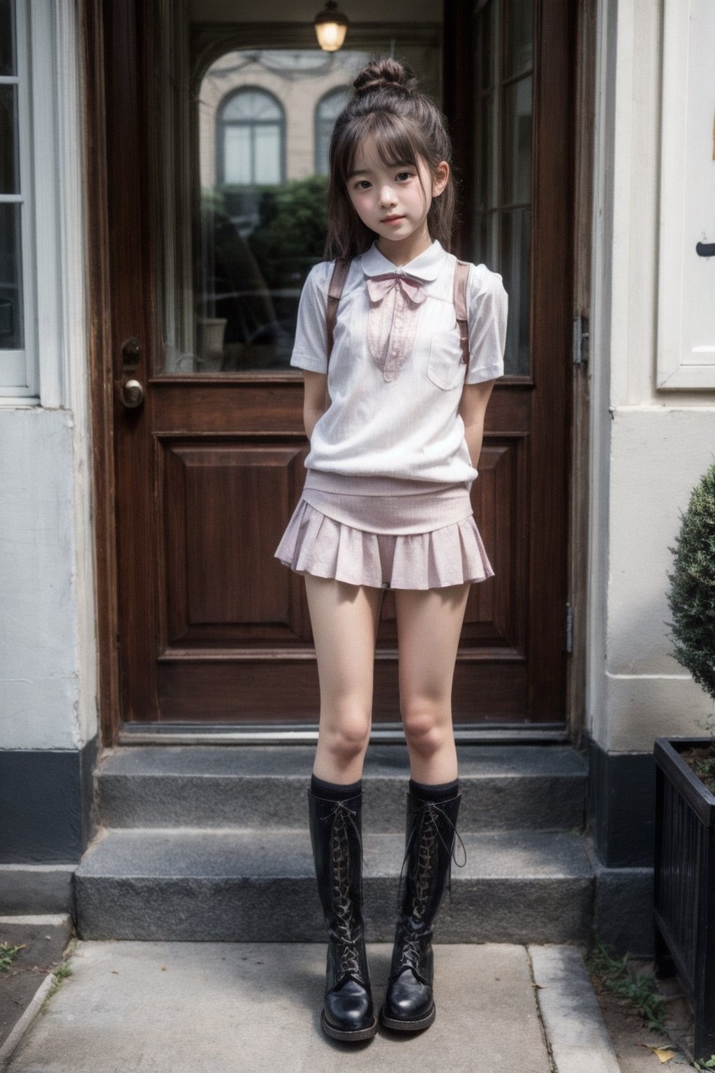 best quality, photo realistic, master piece, 1girl, female lowteen, look down, (thin body), school uniform, smug, step on viewer, blush, , white pantie, legs, wearing lace-up boots, full body,
(((little girl’s body))),(((petite body))),