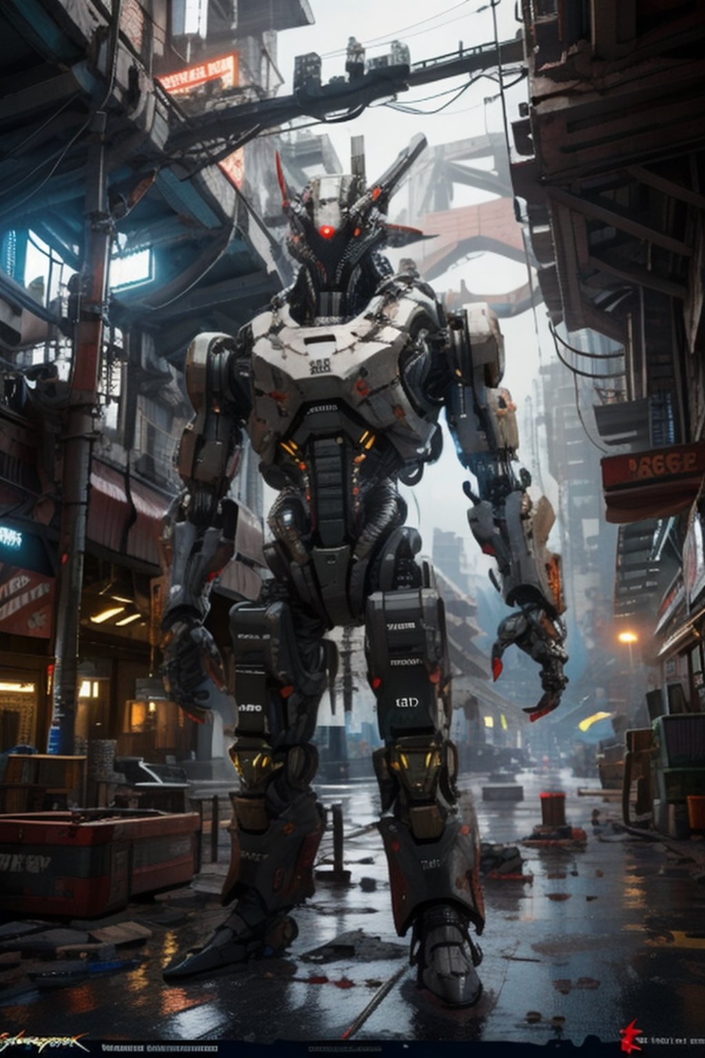 non-humanoid robot, red_eye, futuristic city war background, cyberpunk, gunfire everywhere, highest quality, 