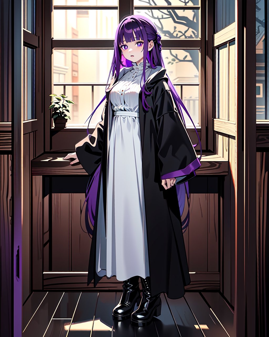 1girl, purple hair,FernFrieren, very long hair, purple eyes, very long hair, (purple pupils), white dress, black robe,
boots, black coat, wooden, candels,  flushed, cabin, garden, window, long dress, open shirt, open clothes, 