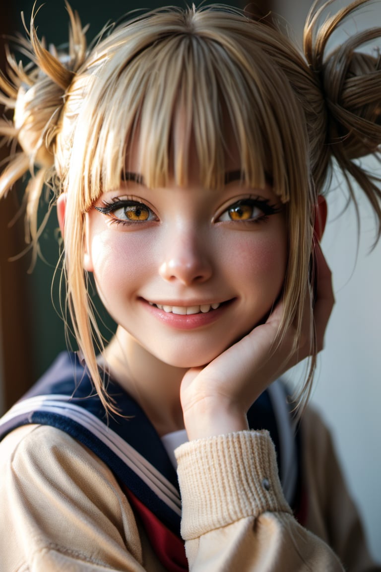 realistic style, photo, soft lighting, dimension, details, score_9, score_8_up, score_7_up, toga_himiko, seifuku, red ribbon, yellow eyes, sweter,  light blonde, portrait, photo, smile, blushed, nose blush