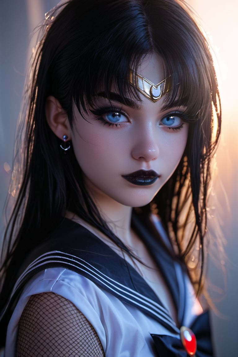 realistic style, photo, soft lighting, dimension, details, score_9, score_8_up, score_7_up, 1 girl, sailor moon, emo, goth girl, black, seifuku, medium breast, dayligh, fishnet, perfect eyes, portrait, black make up, black lips, 