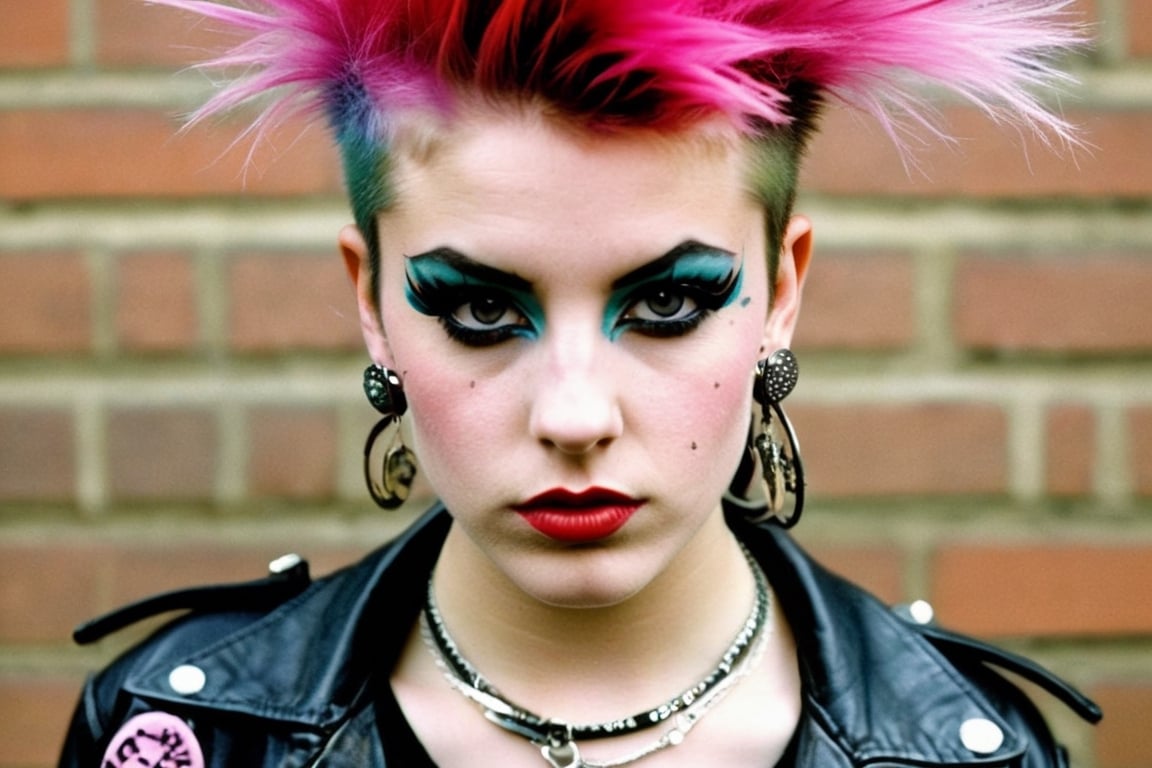 rebellious and edgy world of a young British punk girl in the vibrant 1980s. Portray her fearless attitude, daring fashion sense, and fierce individuality. Capture the energy of the punk subculture, complete with spiked hair, wild makeup, and an unmistakable punk rock spirit. Take us back to a time when punk music, street style, and a defiant spirit challenged societal norms. Show us the essence of this unforgettable era through the eyes of a charismatic British punk girl