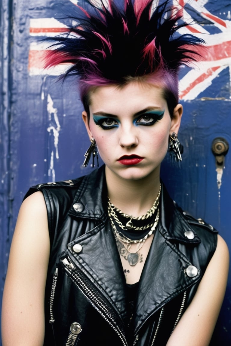 rebellious and edgy world of a young British punk girl in the vibrant 1980s. Portray her fearless attitude, daring fashion sense, and fierce individuality. Capture the energy of the punk subculture, complete with spiked hair, wild makeup, and an unmistakable punk rock spirit. Take us back to a time when punk music, street style, and a defiant spirit challenged societal norms. Show us the essence of this unforgettable era through the eyes of a charismatic British punk girl in underground train