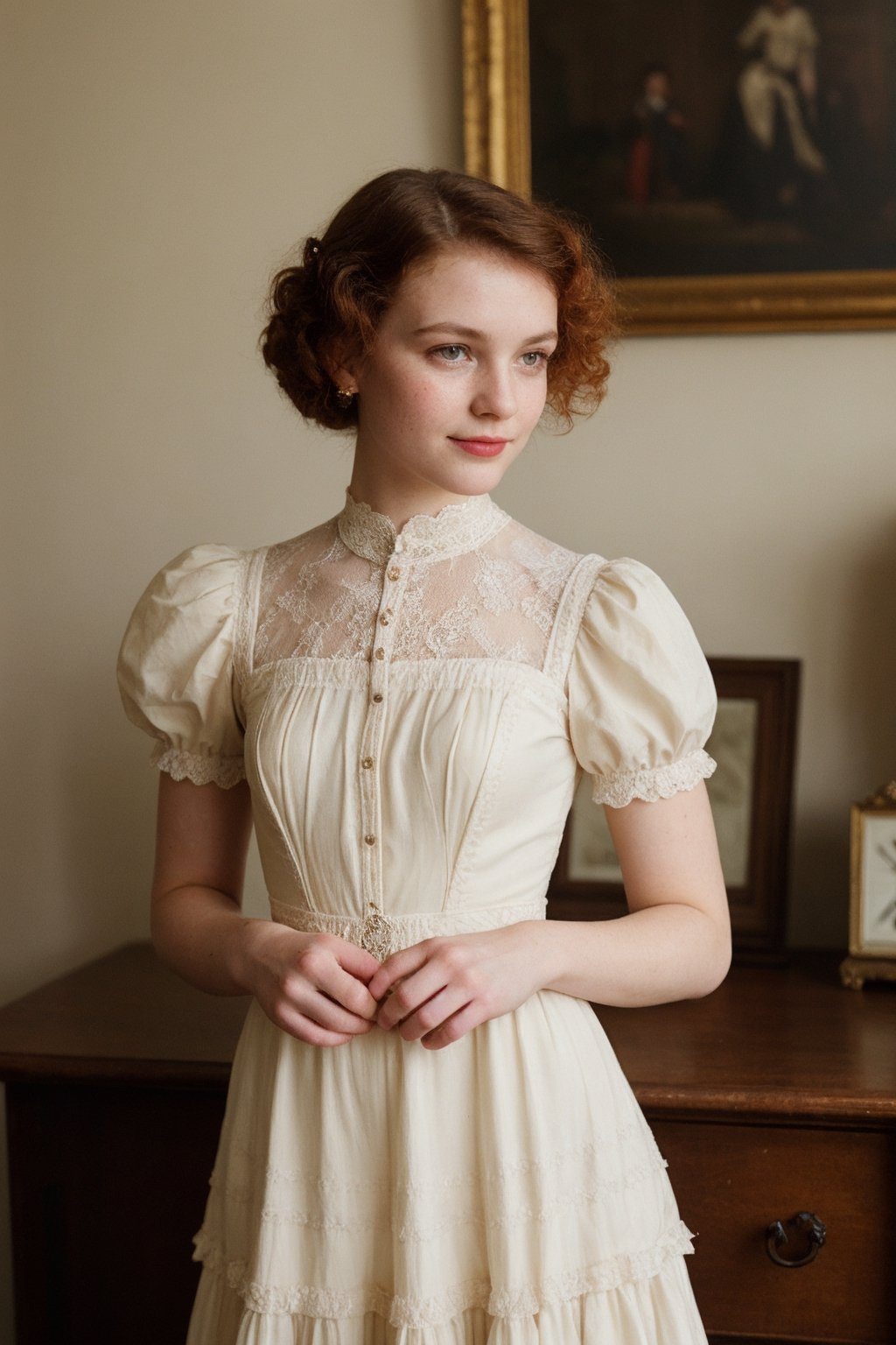 RAW Photo, DSLR BREAK a young skinny irish girl with red curly hair, (light smile:0.8), (smile:0.5),  wearing an Edwardian dress. The dress should feature a high neckline, puffed sleeves, and a fitted bodice with lace or embroidered details. The skirt should be full and reach to the ankles, with layers of ruffles or lace for added volume. Incorporate delicate floral patterns or pastel colors to capture the charm and femininity of the Edwardian era. vintage look., (looking at viewer), focused, (1930s office space), spacious and open office, BREAK detailed, natural light