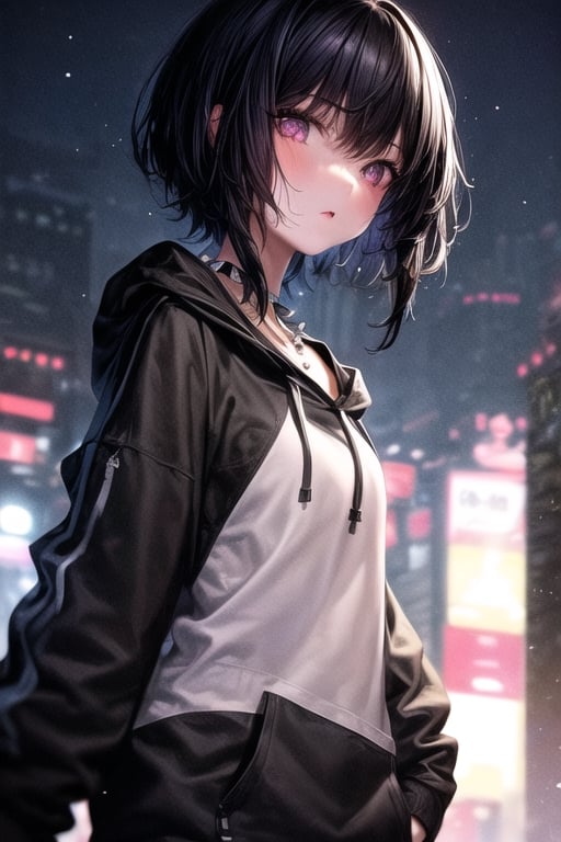 1girl, a girl with short black hair with emo bangs, a black hooded sweatshirt, half body, looking at the viewer, black lips, very detailed and beautiful face, spiked necklace, Tokyo city background at night,