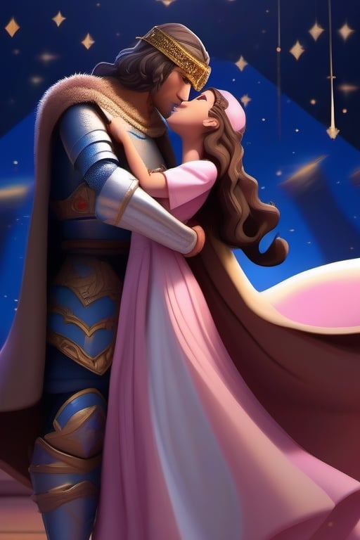 the leper king without a crown, dressed in a blue crusader knight's suit, a veil on his head a on his face, blue eyes, taking by the waist a young woman with wavy brown hair, brown eyes, pink dress style oriental, together in a dance, surrounded by stars and bright lights,3d toon style