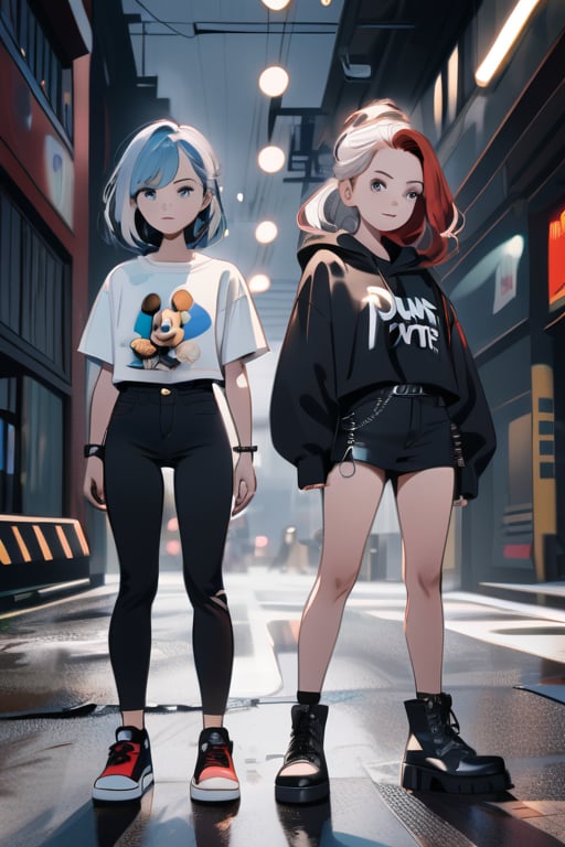 Three teenage girls with distinct styles and hair colors - a girl with red hair wearing a punk-inspired outfit, a girl with blue hair wearing a dark outfit, and a girl with white hair wearing a casual outfit, standing in a dark, moody background,disney pixar style