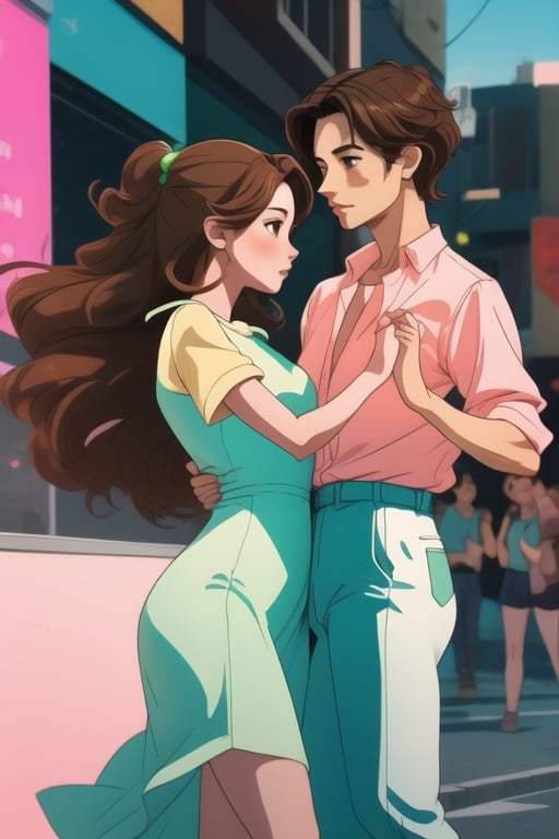 Three girls, teenagers, left green clothes, center dressed in pink, right dressed in blue, their shirts have a star, wavy brown hair, brown eyes, dancing in teatre,Shadman,perfect