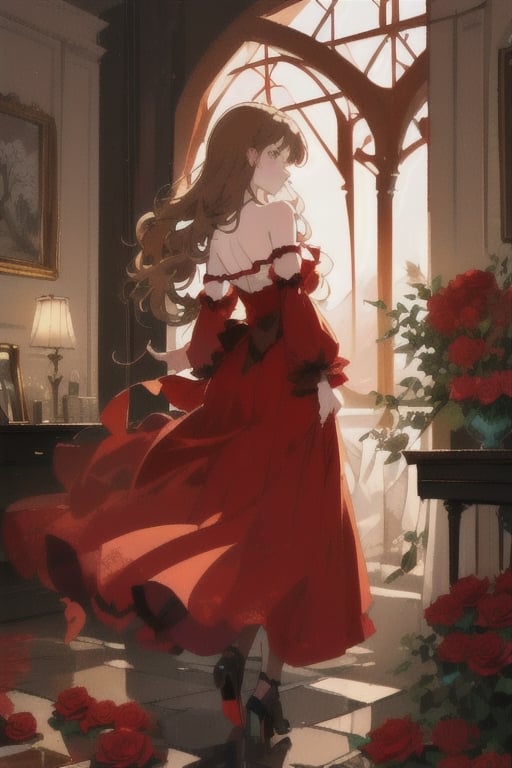 A woman with light brown hair and honey eyes , red dress, observing the landscape in the gardem of setos of roses, a figure similar to Death watcher her from behind, , looking from the inside out point of view of her room,1girl,ink,Illustration