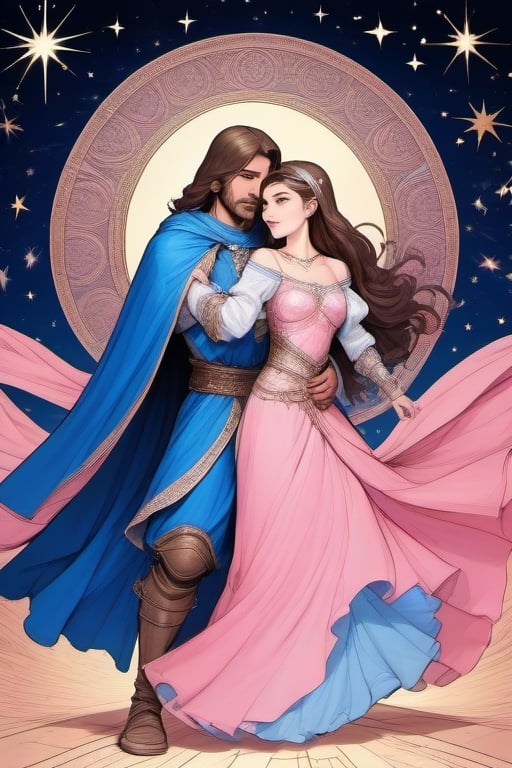 the leper king without a crown, dressed in a blue crusader knight's suit, a veil on his head a on his face, blue eyes, taking by the waist a young woman with wavy brown hair, brown eyes, pink dress style oriental, together in a dance, surrounded by stars and bright lights,lineart,Enhanced All