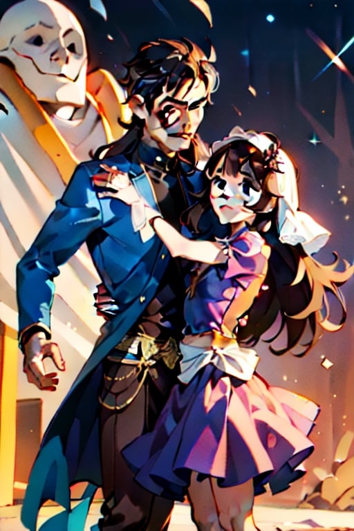 the leper king without a crown, dressed in a blue crusader knight's suit, a veil on his head a on his face, blue eyes, taking by the waist a young woman with wavy brown hair, brown eyes, pink dress style oriental, together in a dance, surrounded by stars and bright lights,3d toon style, face enchanced,Flat vector art