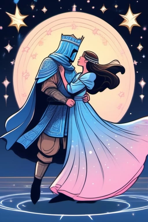 the leper king without a crown, dressed in a blue crusader knight's suit, a veil on his head a on his face, blue eyes, taking by the waist a young woman with wavy brown hair, brown eyes, pink dress style oriental, together in a dance, surrounded by stars and bright lights,lineart,Flat vector art